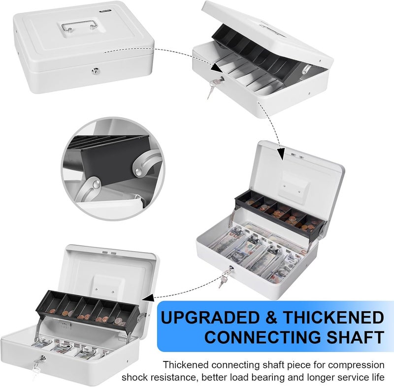Sgorlds Cash Box Key Lock on Side, Cash Box with Money Tray & Key Lock 4 Bill 5 Coin Slots,Large Safe Lock Box with Key,Metal Money Saving Organizer for Security 11.8L x 9.5W x 3.5H Inches, White - Image 2